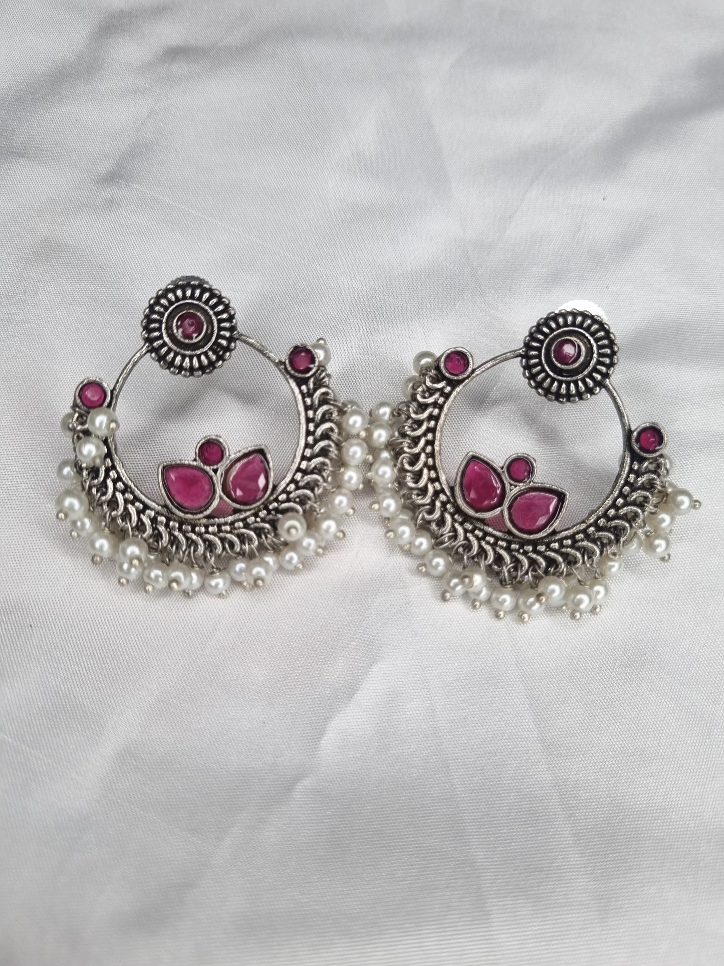 Traditional Kundan Style Oxidized Chandbalis with Pink Gemstones