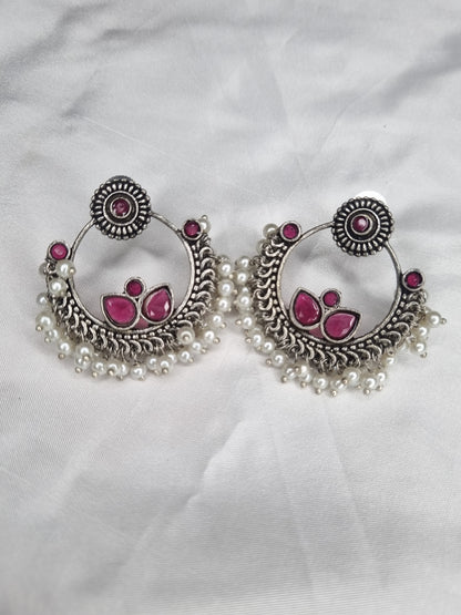 Traditional Kundan Style Oxidized Chandbalis with Pink Gemstones