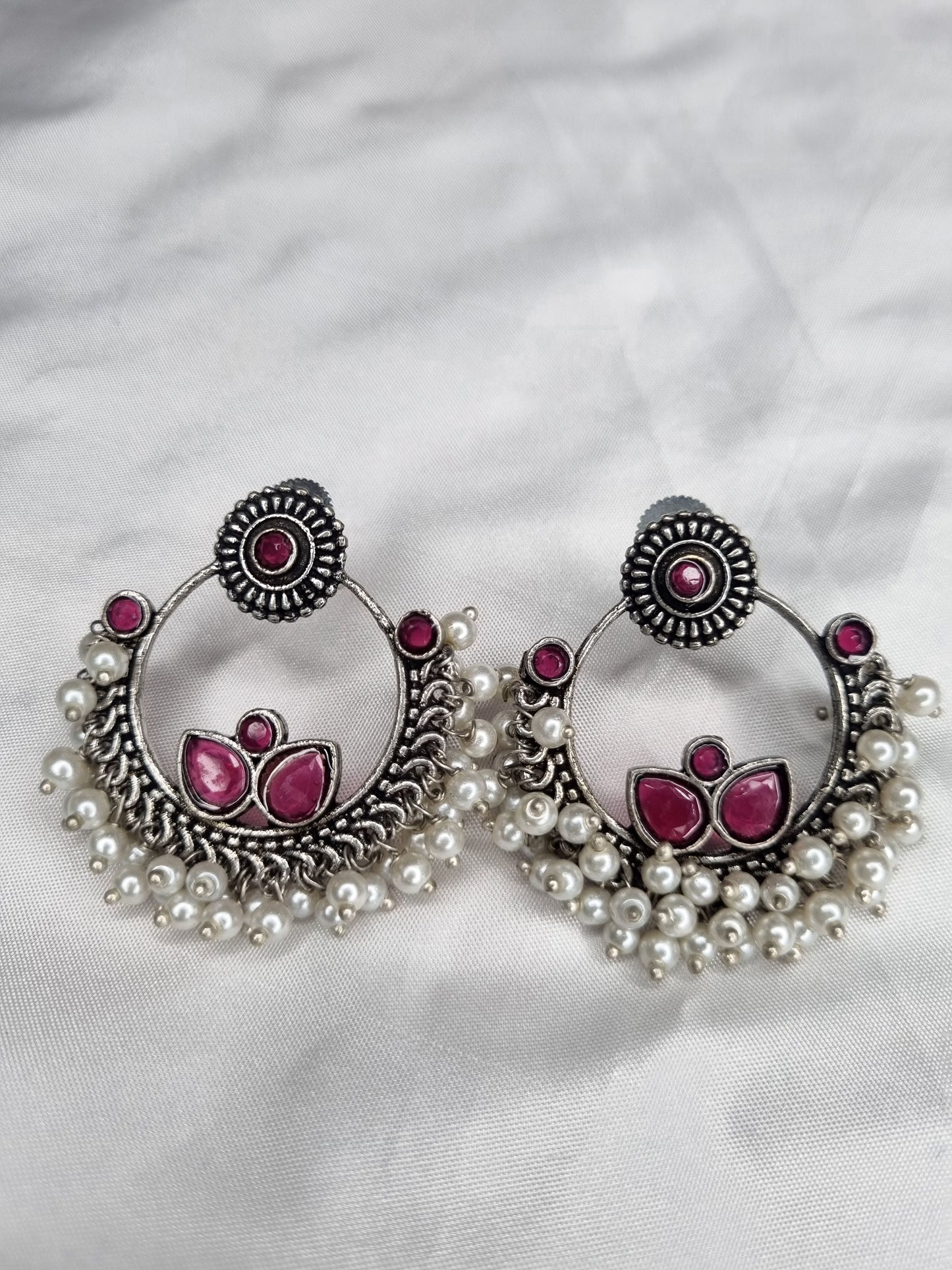 Traditional Kundan Style Oxidized Chandbalis with Pink Gemstones