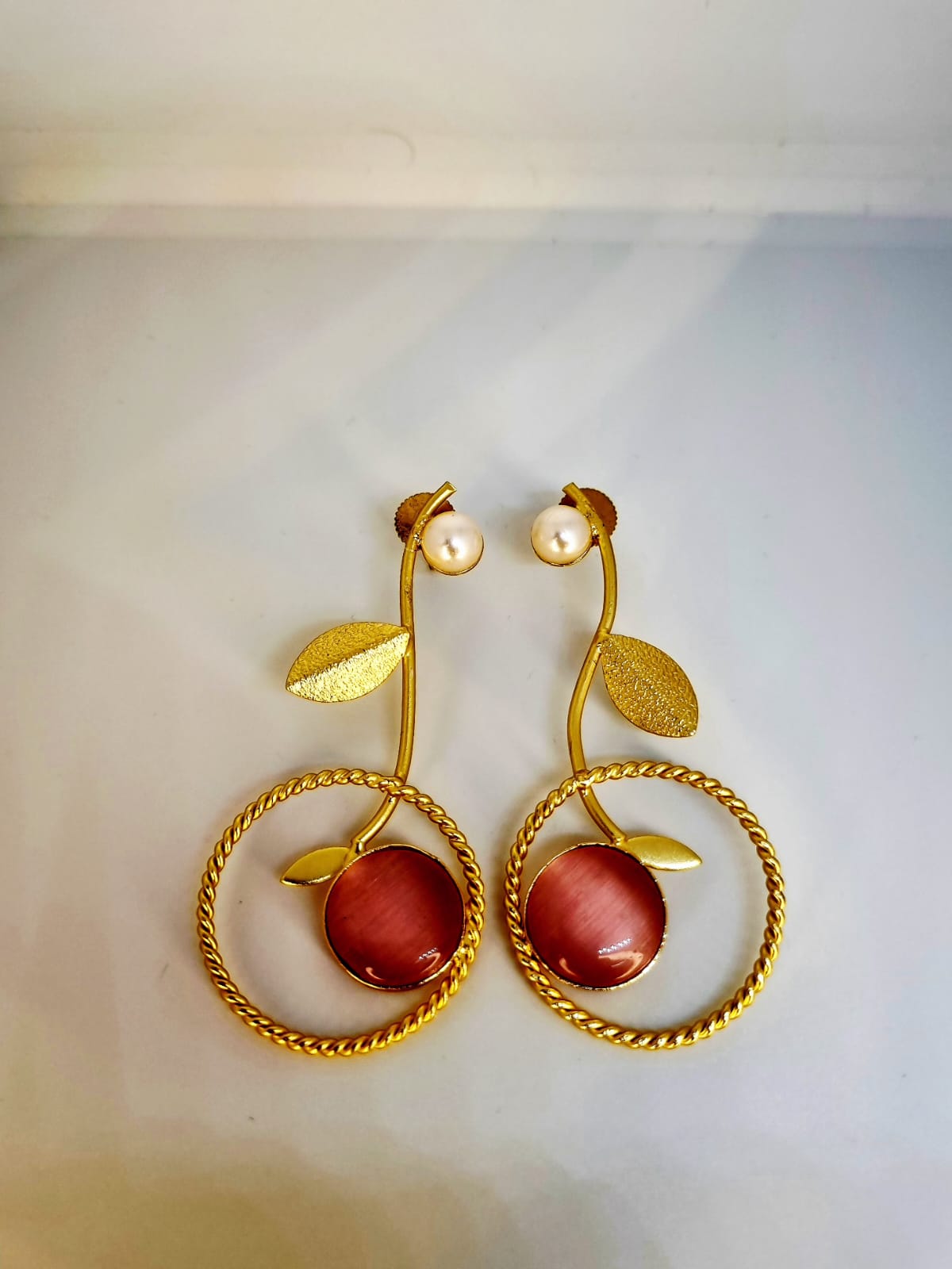Golden Cherry Drop Earrings with Pearl Studs