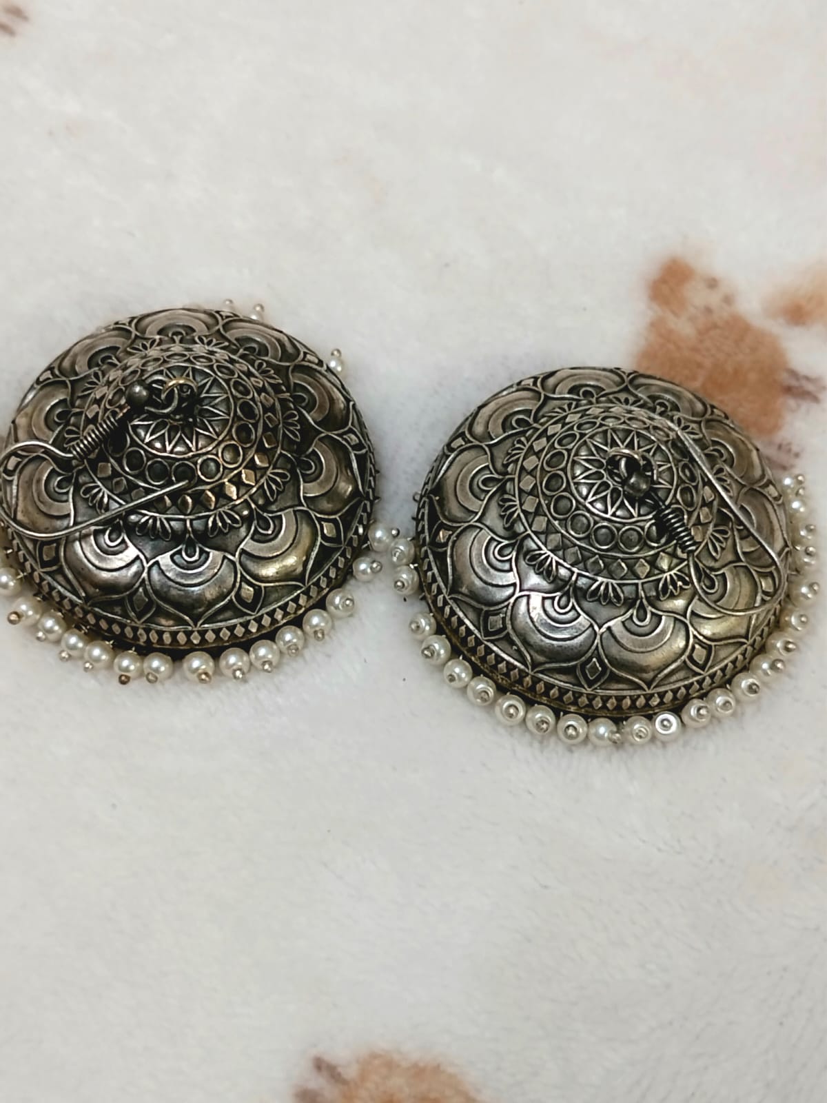Antique Silver Dome Jhumka Earrings with Pearl Border