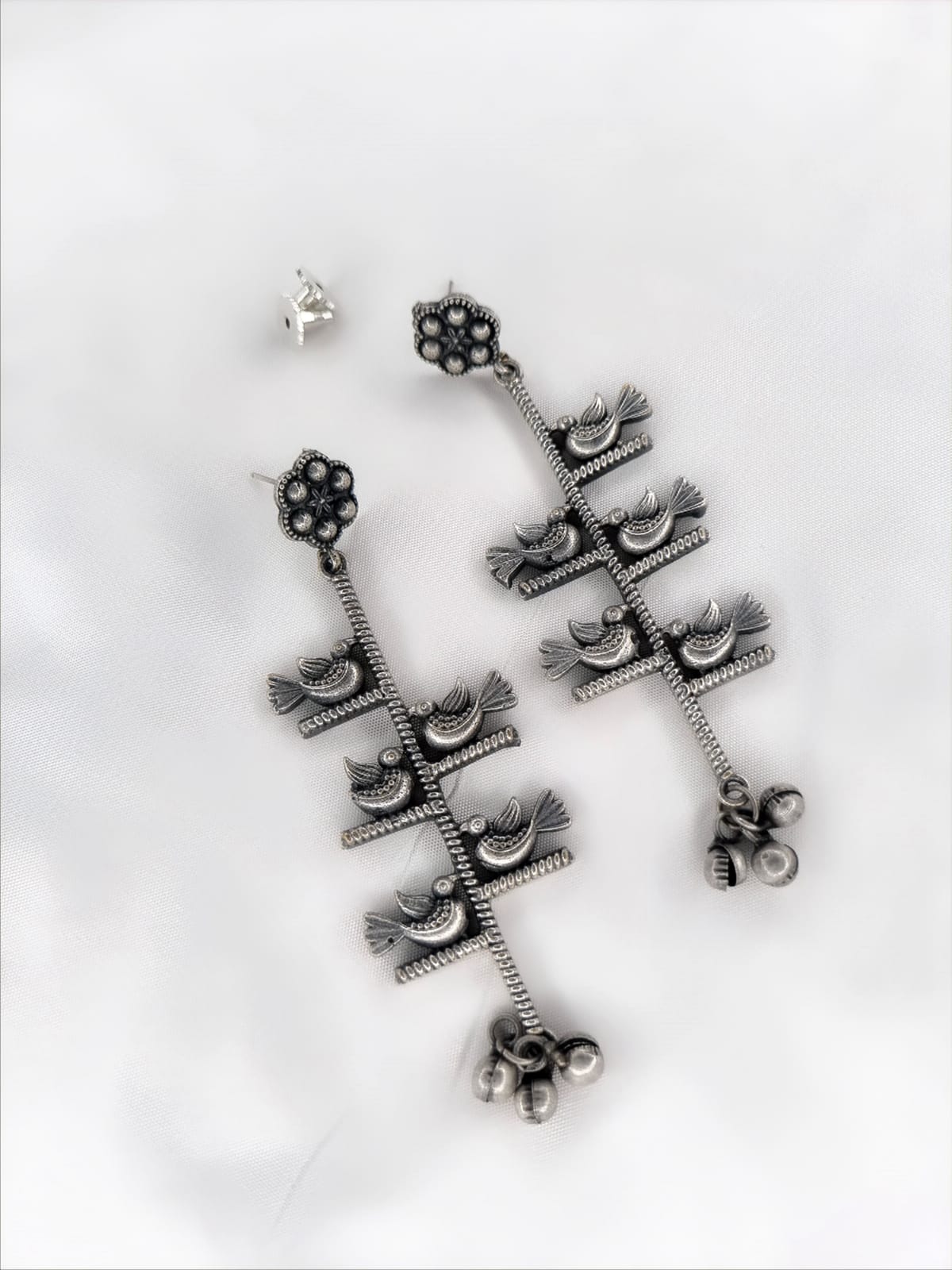 Oxidized Silver Bird Motif Dangler Earrings