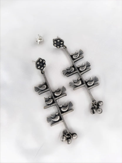 Oxidized Silver Bird Motif Dangler Earrings