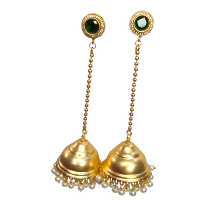 Kashmiri Jhumka Earrings for Women | Traditional Long Drop Earrings with Green Stone & Pearl Detailing | Ethnic Brass Jewelry for Weddings & Festivals