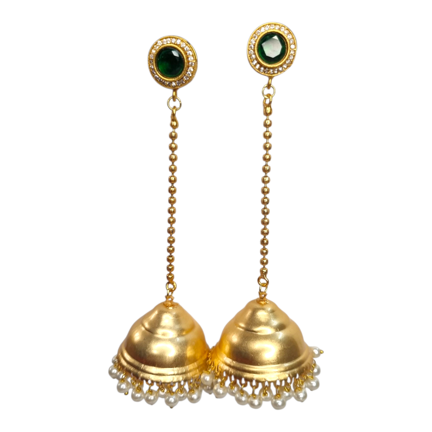 Kashmiri Jhumka Earrings for Women | Traditional Long Drop Earrings with Green Stone & Pearl Detailing | Ethnic Brass Jewelry for Weddings & Festivals