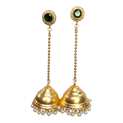 Kashmiri Jhumka Earrings for Women | Traditional Long Drop Earrings with Green Stone & Pearl Detailing | Ethnic Brass Jewelry for Weddings & Festivals