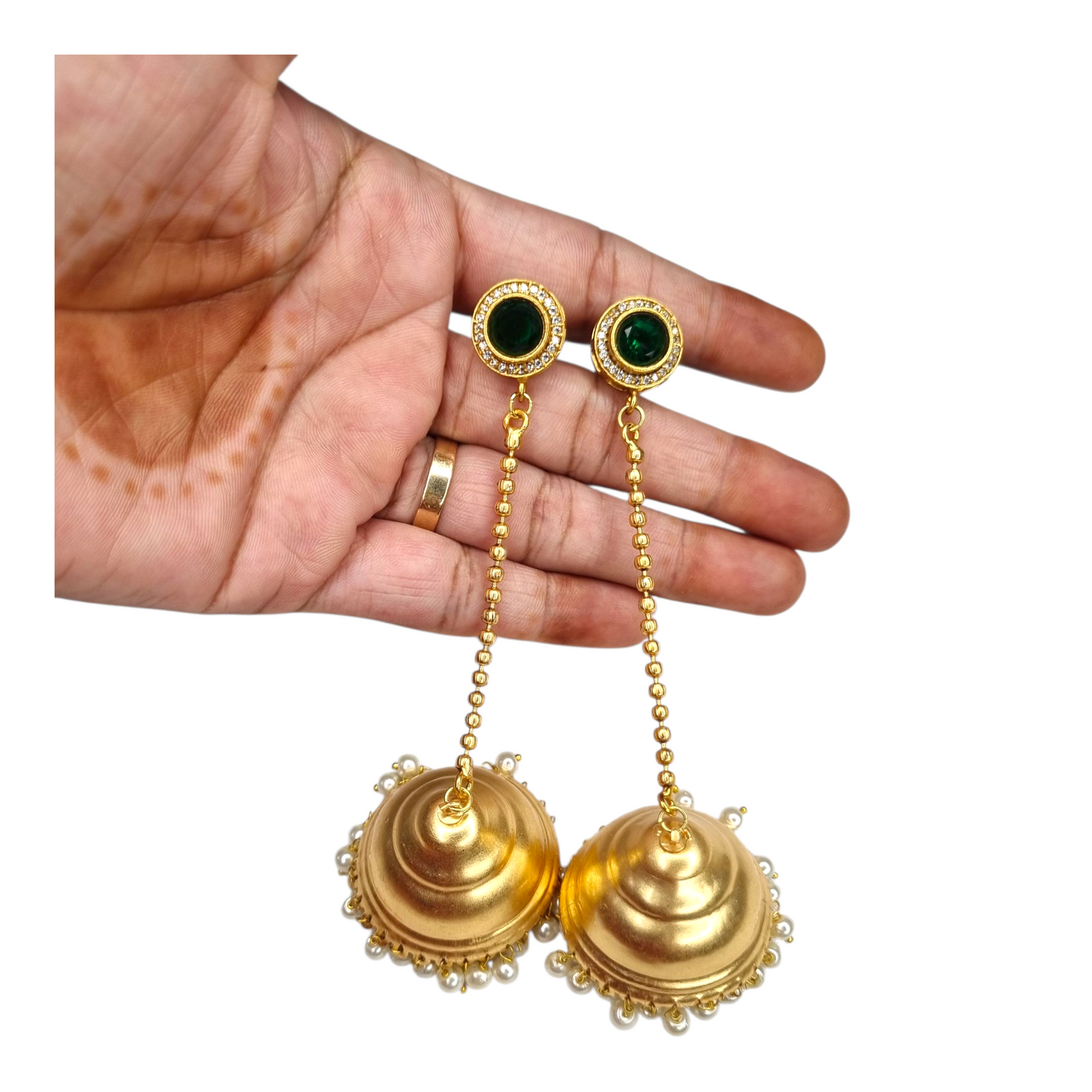 Kashmiri Jhumka Earrings for Women | Traditional Long Drop Earrings with Green Stone & Pearl Detailing | Ethnic Brass Jewelry for Weddings & Festivals