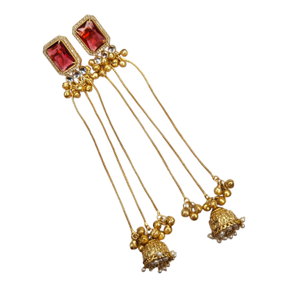 Kashmiri Jhumka Earrings for Women | Long Drop Earrings with Red Stone & Multiple Chains | Traditional Brass Ethnic Jewelry for Weddings & Festivals