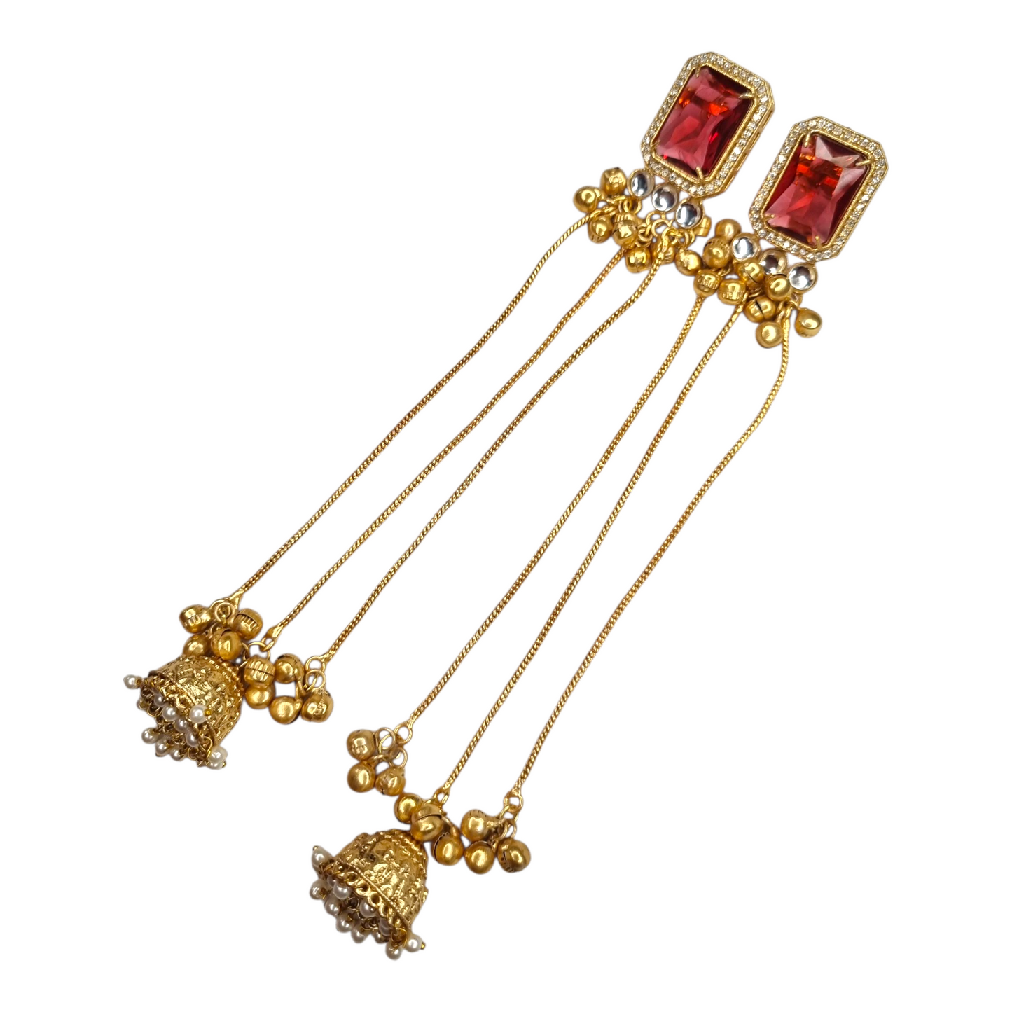 Kashmiri Jhumka Earrings for Women | Long Drop Earrings with Red Stone & Multiple Chains | Traditional Brass Ethnic Jewelry for Weddings & Festivals