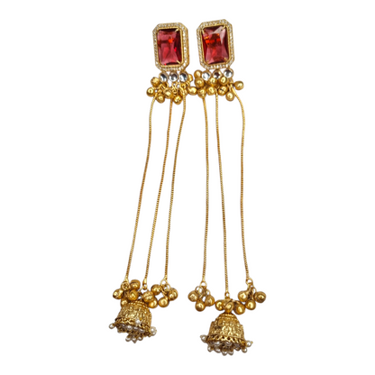 Kashmiri Jhumka Earrings for Women | Long Drop Earrings with Red Stone & Multiple Chains | Traditional Brass Ethnic Jewelry for Weddings & Festivals