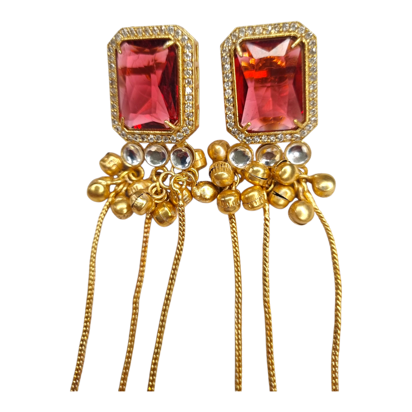 Kashmiri Jhumka Earrings for Women | Long Drop Earrings with Red Stone & Multiple Chains | Traditional Brass Ethnic Jewelry for Weddings & Festivals