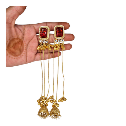Kashmiri Jhumka Earrings for Women | Long Drop Earrings with Red Stone & Multiple Chains | Traditional Brass Ethnic Jewelry for Weddings & Festivals