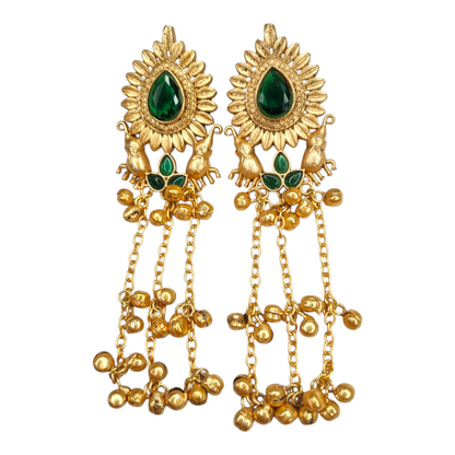 Kashmiri Long Earrings for Women | Traditional Brass Earrings with Red Stone & Elephant Design | Ethnic Jewelry for Weddings & Festivals