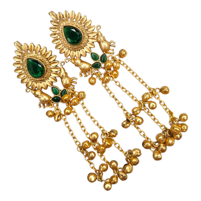 Kashmiri Long Earrings for Women | Traditional Brass Earrings with Red Stone & Elephant Design | Ethnic Jewelry for Weddings & Festivals