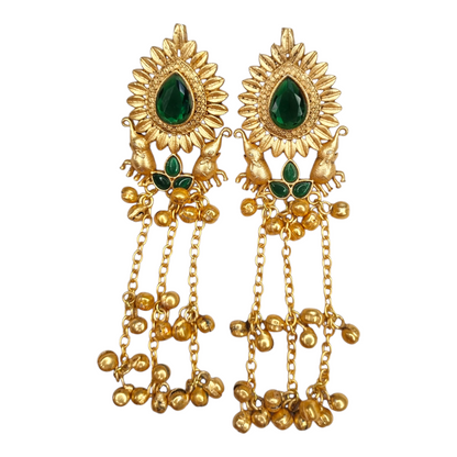 Kashmiri Long Earrings for Women | Traditional Brass Earrings with Red Stone & Elephant Design | Ethnic Jewelry for Weddings & Festivals