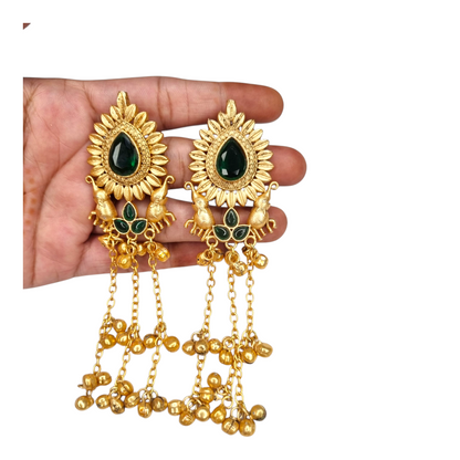 Kashmiri Long Earrings for Women | Traditional Brass Earrings with Red Stone & Elephant Design | Ethnic Jewelry for Weddings & Festivals