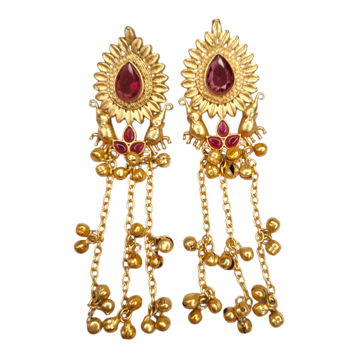 Kashmiri Long Earrings for Women | Traditional Brass Earrings with Red Stone & Elephant Design | Ethnic Jewelry for Weddings & Festivals