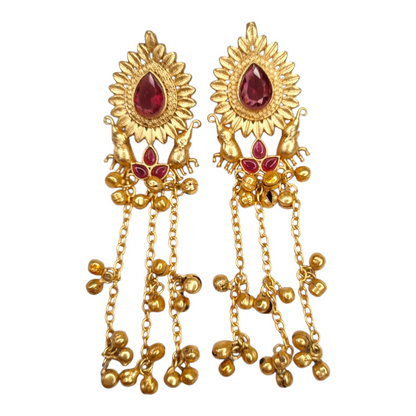 Kashmiri Long Earrings for Women | Traditional Brass Earrings with Red Stone & Elephant Design | Ethnic Jewelry for Weddings & Festivals