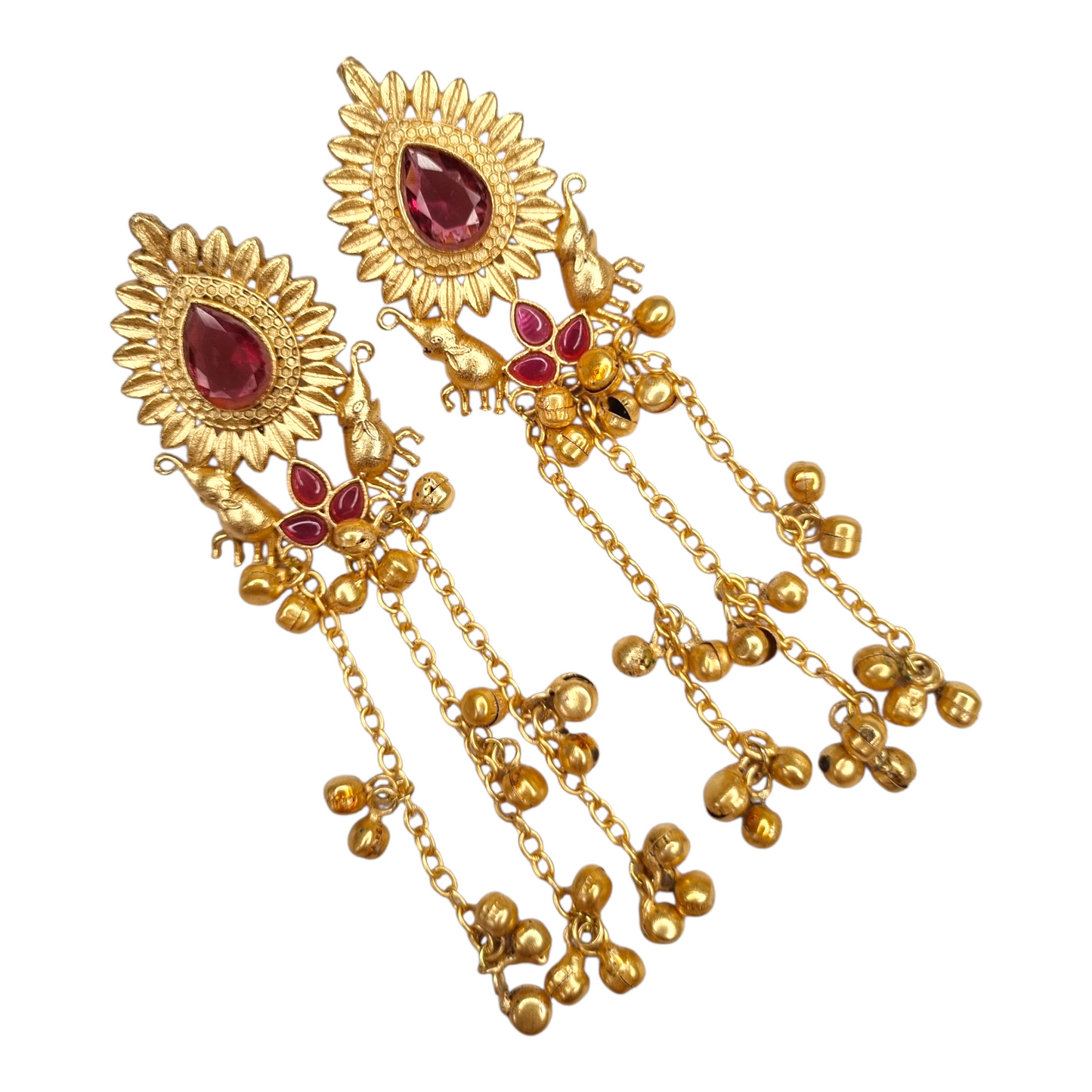 Kashmiri Long Earrings for Women | Traditional Brass Earrings with Red Stone & Elephant Design | Ethnic Jewelry for Weddings & Festivals