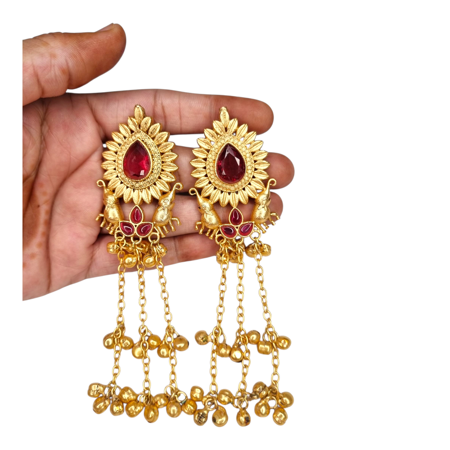 Kashmiri Long Earrings for Women | Traditional Brass Earrings with Red Stone & Elephant Design | Ethnic Jewelry for Weddings & Festivals