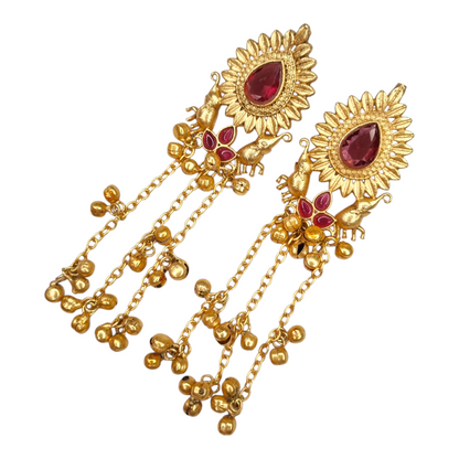 Kashmiri Long Earrings for Women | Traditional Brass Earrings with Red Stone & Elephant Design | Ethnic Jewelry for Weddings & Festivals