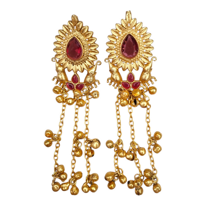 Kashmiri Long Earrings for Women | Traditional Brass Earrings with Red Stone & Elephant Design | Ethnic Jewelry for Weddings & Festivals