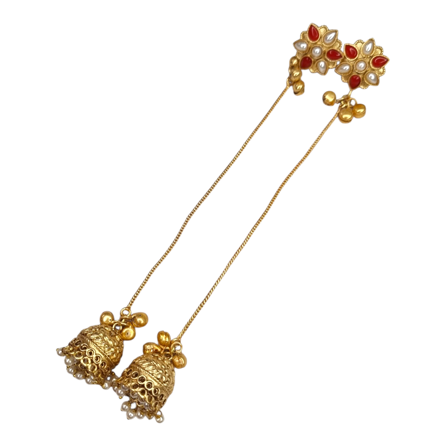 Kashmiri Jhumka Earrings for Women | Long Drop Earrings with Floral Top & Pearl Detailing | Traditional Brass Ethnic Jewelry for Weddings & Festivals