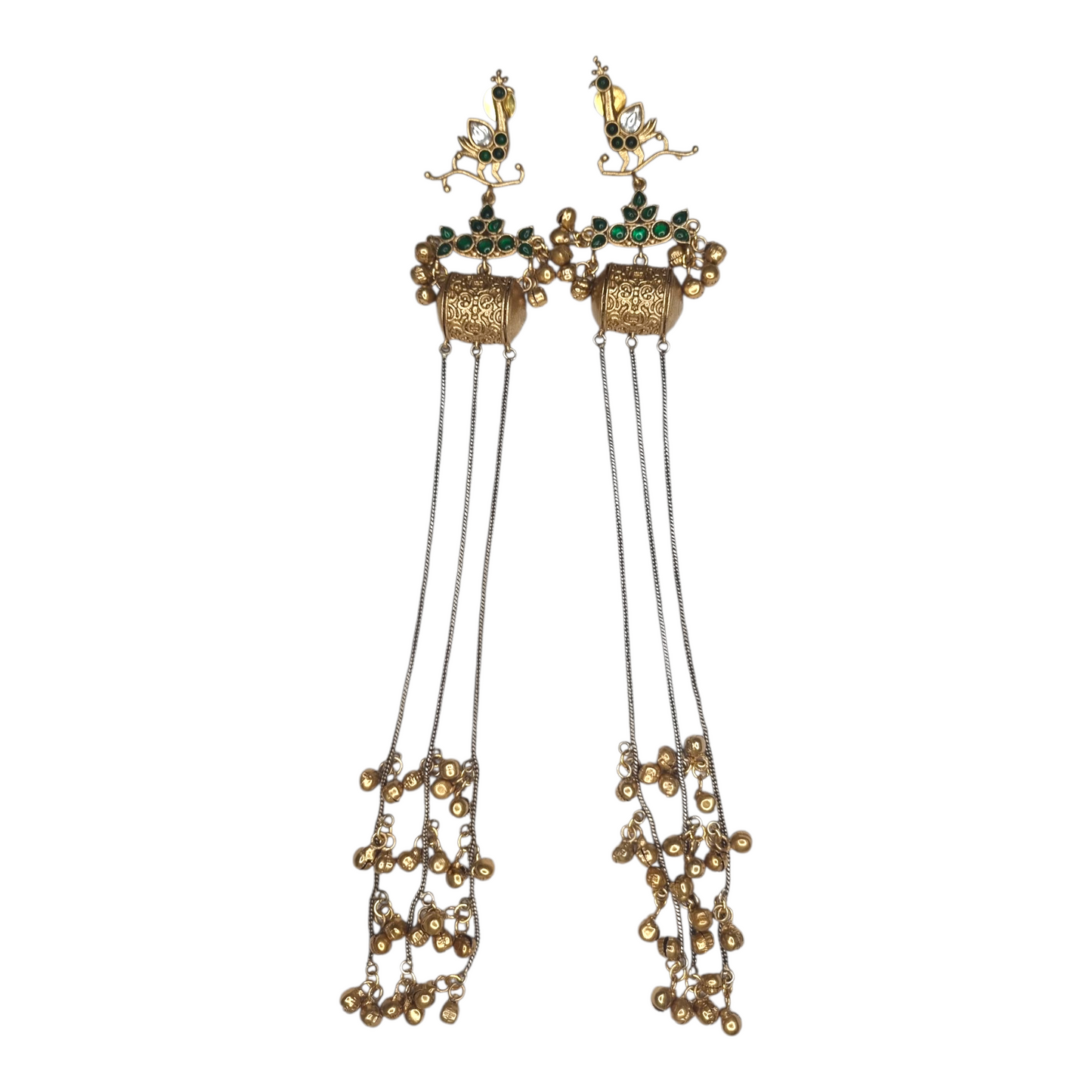 Kashmiri Long Dangler Earrings for Women – Traditional Brass Jhumka with Chains & Red Stones