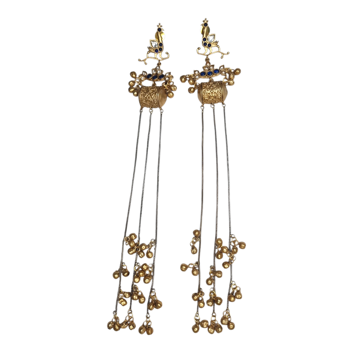 Kashmiri Long Dangler Earrings for Women – Traditional Brass Jhumka with Chains & Red Stones