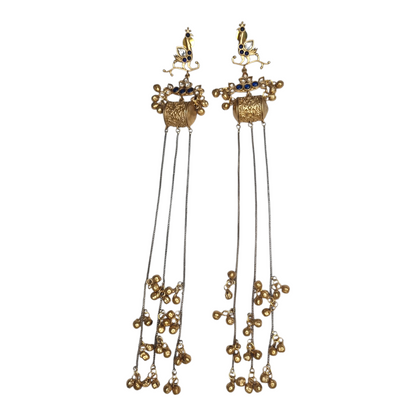 Kashmiri Long Dangler Earrings for Women – Traditional Brass Jhumka with Chains & Red Stones