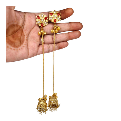 Kashmiri Jhumka Earrings for Women | Long Drop Earrings with Floral Top & Pearl Detailing | Traditional Brass Ethnic Jewelry for Weddings & Festivals