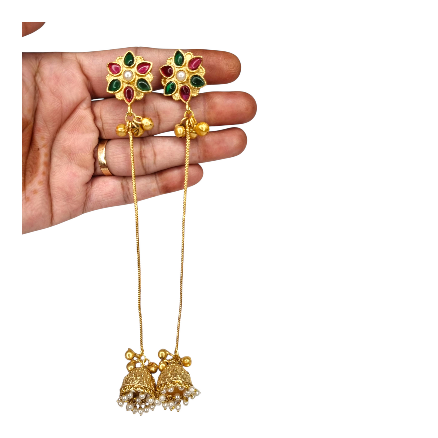 Kashmiri Jhumka Earrings for Women | Long Drop Earrings with Floral Top & Pearl Detailing | Traditional Brass Ethnic Jewelry for Weddings & Festivals