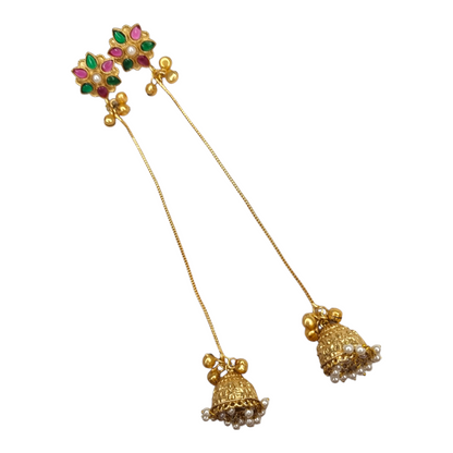 Kashmiri Jhumka Earrings for Women | Long Drop Earrings with Floral Top & Pearl Detailing | Traditional Brass Ethnic Jewelry for Weddings & Festivals