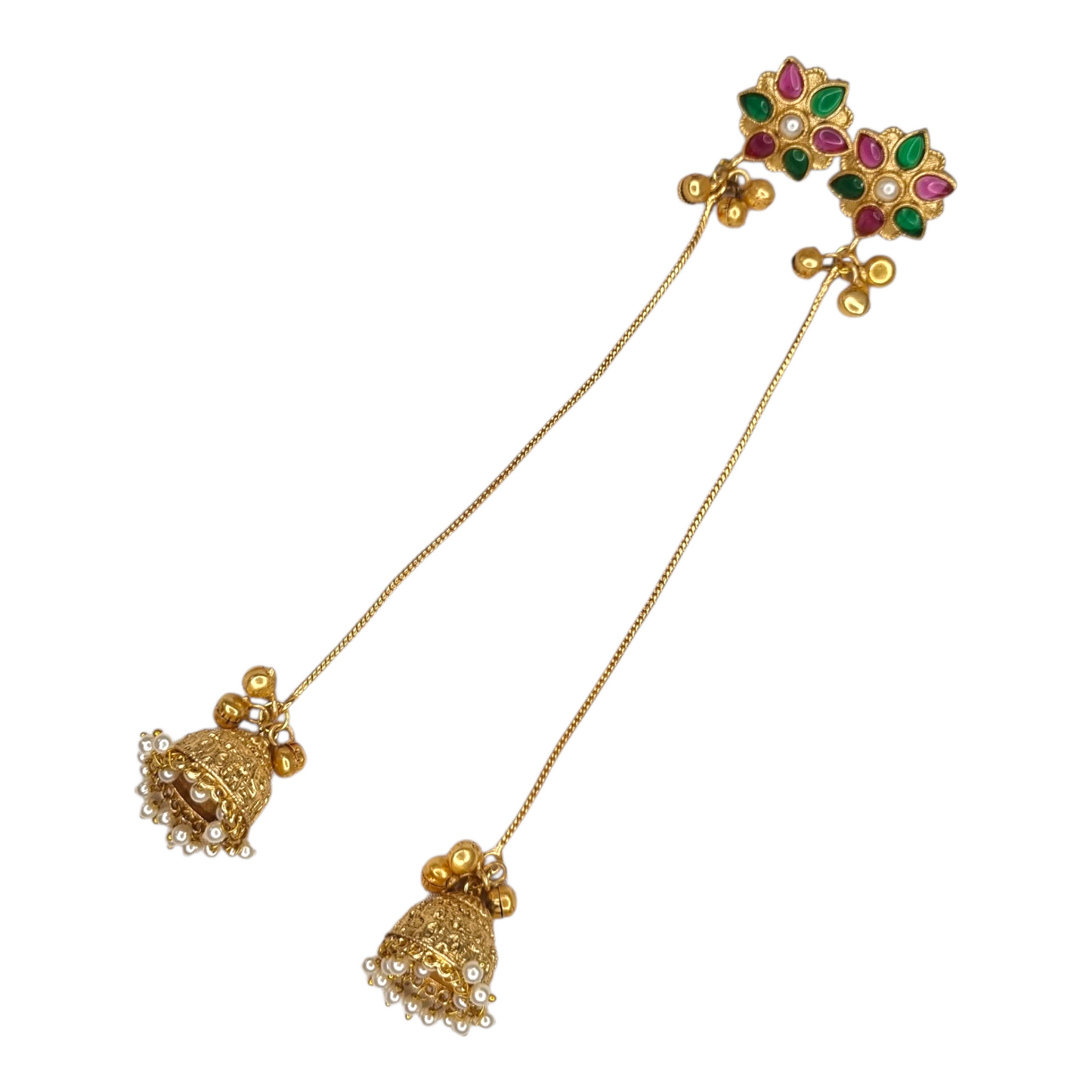 Kashmiri Jhumka Earrings for Women | Long Drop Earrings with Floral Top & Pearl Detailing | Traditional Brass Ethnic Jewelry for Weddings & Festivals