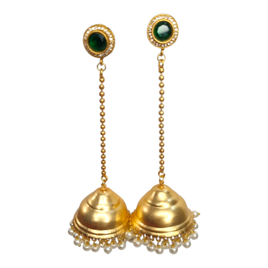 Kashmiri Jhumka Earrings for Women | Traditional Long Drop Earrings with Green Stone & Pearl Detailing | Ethnic Brass Jewelry for Weddings & Festivals