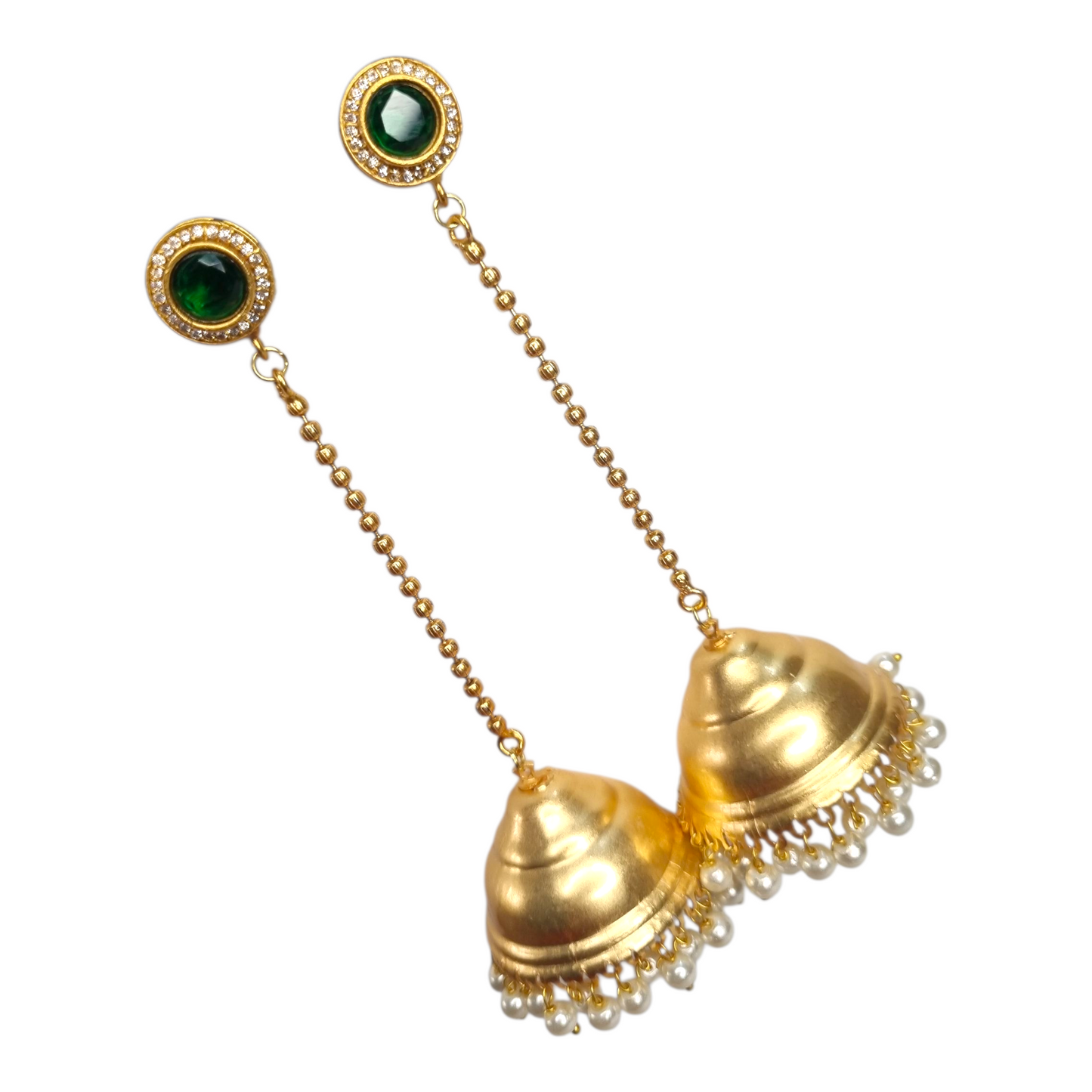 Kashmiri Jhumka Earrings for Women | Traditional Long Drop Earrings with Green Stone & Pearl Detailing | Ethnic Brass Jewelry for Weddings & Festivals