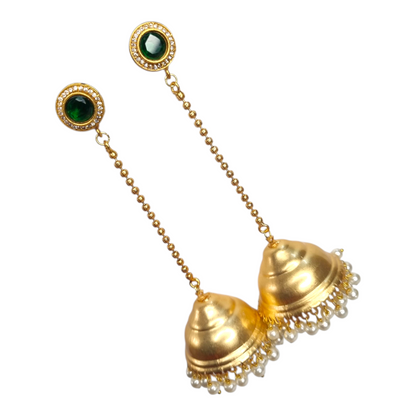 Kashmiri Jhumka Earrings for Women | Traditional Long Drop Earrings with Green Stone & Pearl Detailing | Ethnic Brass Jewelry for Weddings & Festivals
