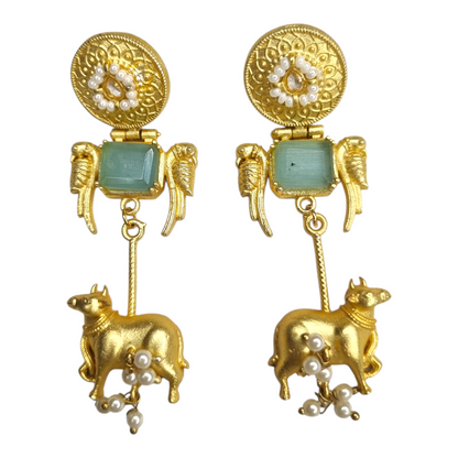 kashmiri earring inspired cow motif brass earrings for women – red stone and pearl beads