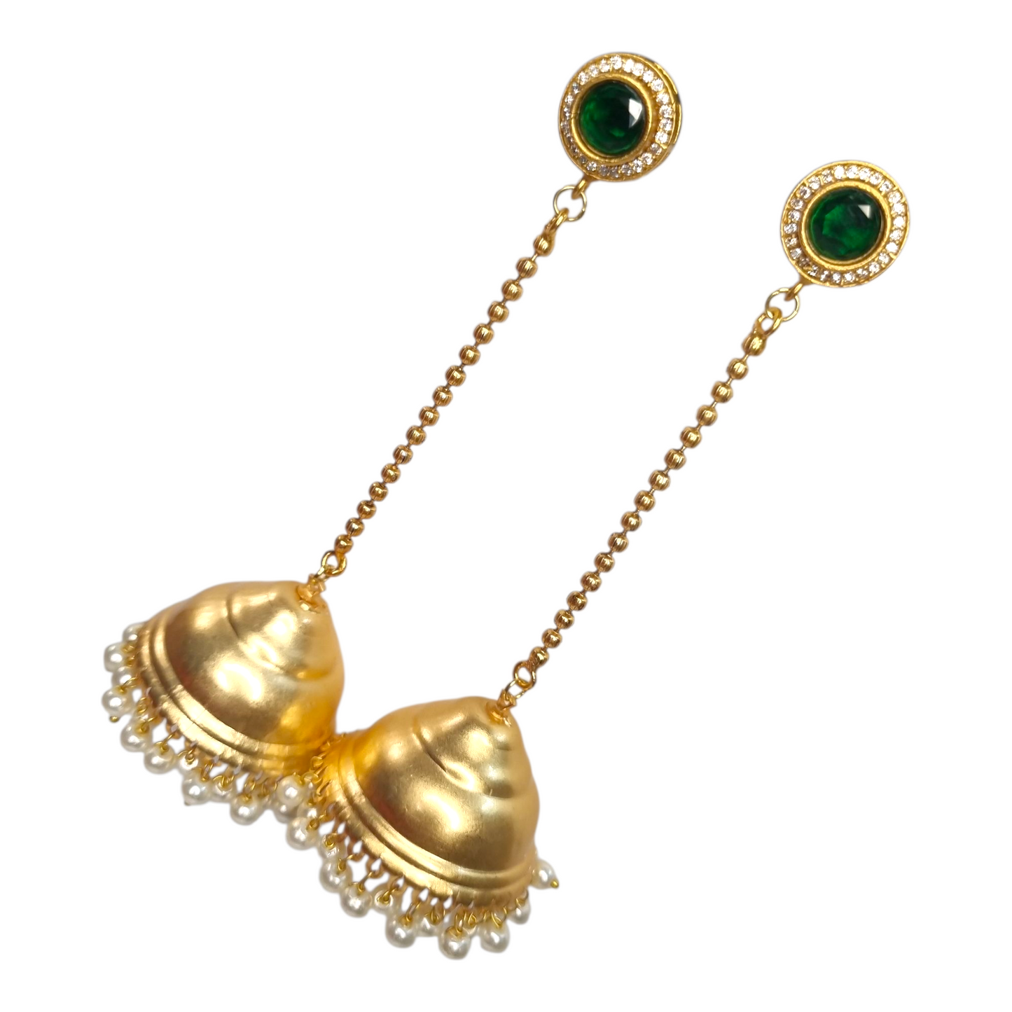Kashmiri Jhumka Earrings for Women | Traditional Long Drop Earrings with Green Stone & Pearl Detailing | Ethnic Brass Jewelry for Weddings & Festivals
