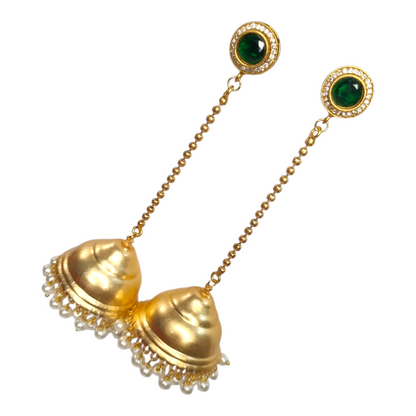 Kashmiri Jhumka Earrings for Women | Traditional Long Drop Earrings with Green Stone & Pearl Detailing | Ethnic Brass Jewelry for Weddings & Festivals
