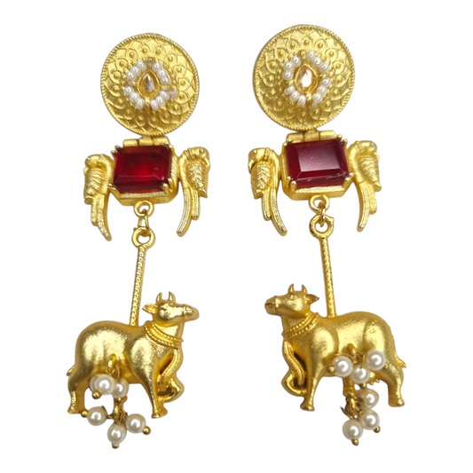 kashmiri earring inspired cow motif brass earrings for women – red stone and pearl beads