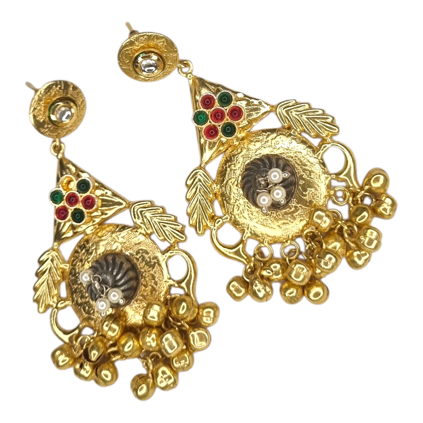 Traditional brass earrings for women – antique gold with multi-color stones and hanging beads