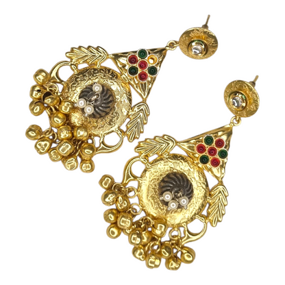 Traditional brass earrings for women – antique gold with multi-color stones and hanging beads