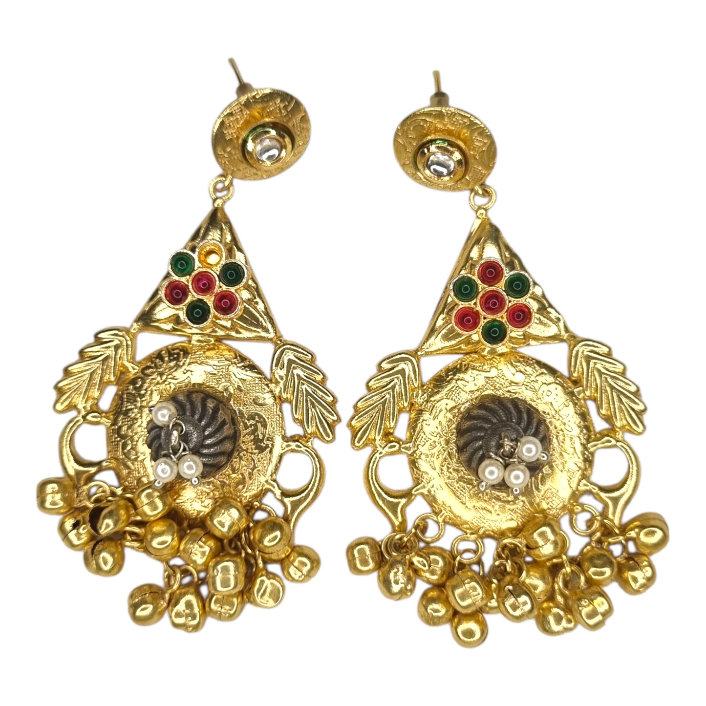 Traditional brass earrings for women – antique gold with multi-color stones and hanging beads