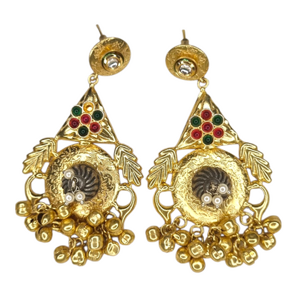 Traditional brass earrings for women – antique gold with multi-color stones and hanging beads