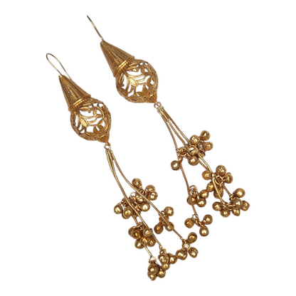 Traditional Kashmiri Jhumka Earrings, Golden Filigree Design with Dangling Ghungroo Bells, Matte Gold Finish
