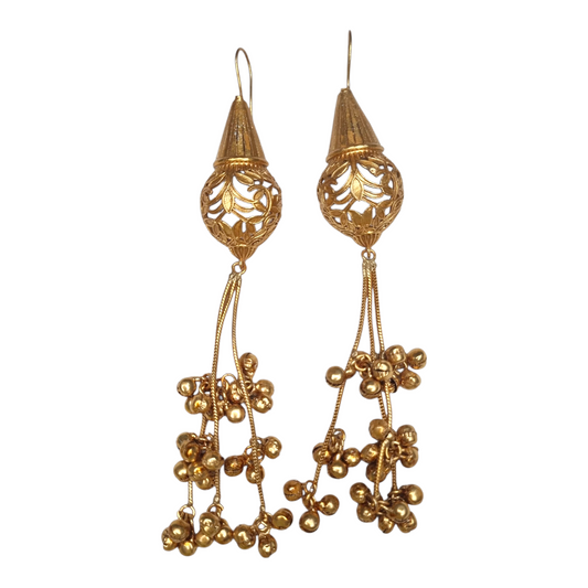 Traditional Kashmiri Jhumka Earrings, Golden Filigree Design with Dangling Ghungroo Bells, Matte Gold Finish