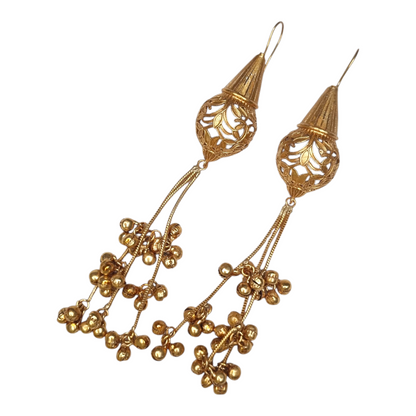 Traditional Kashmiri Jhumka Earrings, Golden Filigree Design with Dangling Ghungroo Bells, Matte Gold Finish