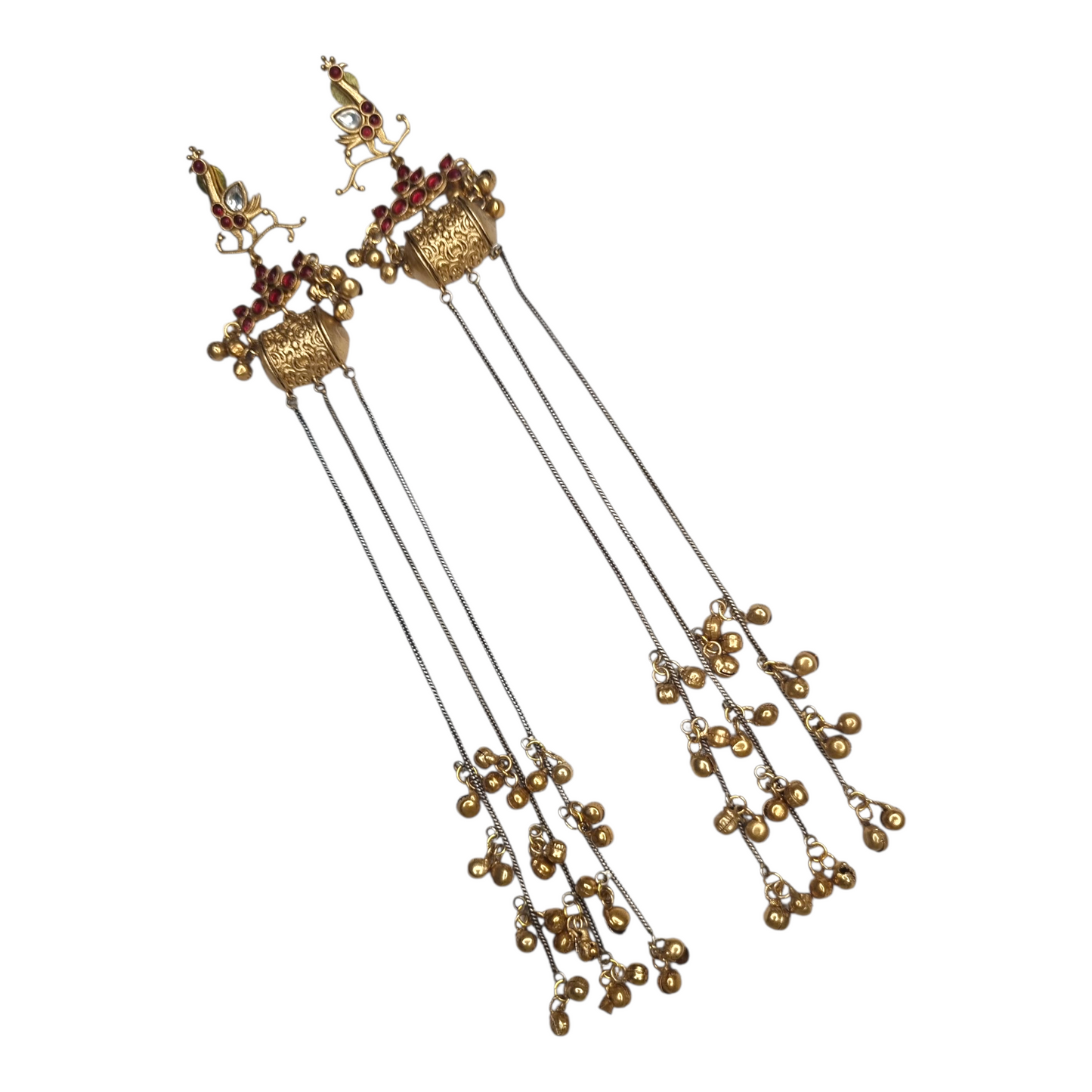 Kashmiri Long Dangler Earrings for Women – Traditional Brass Jhumka with Chains & Red Stones
