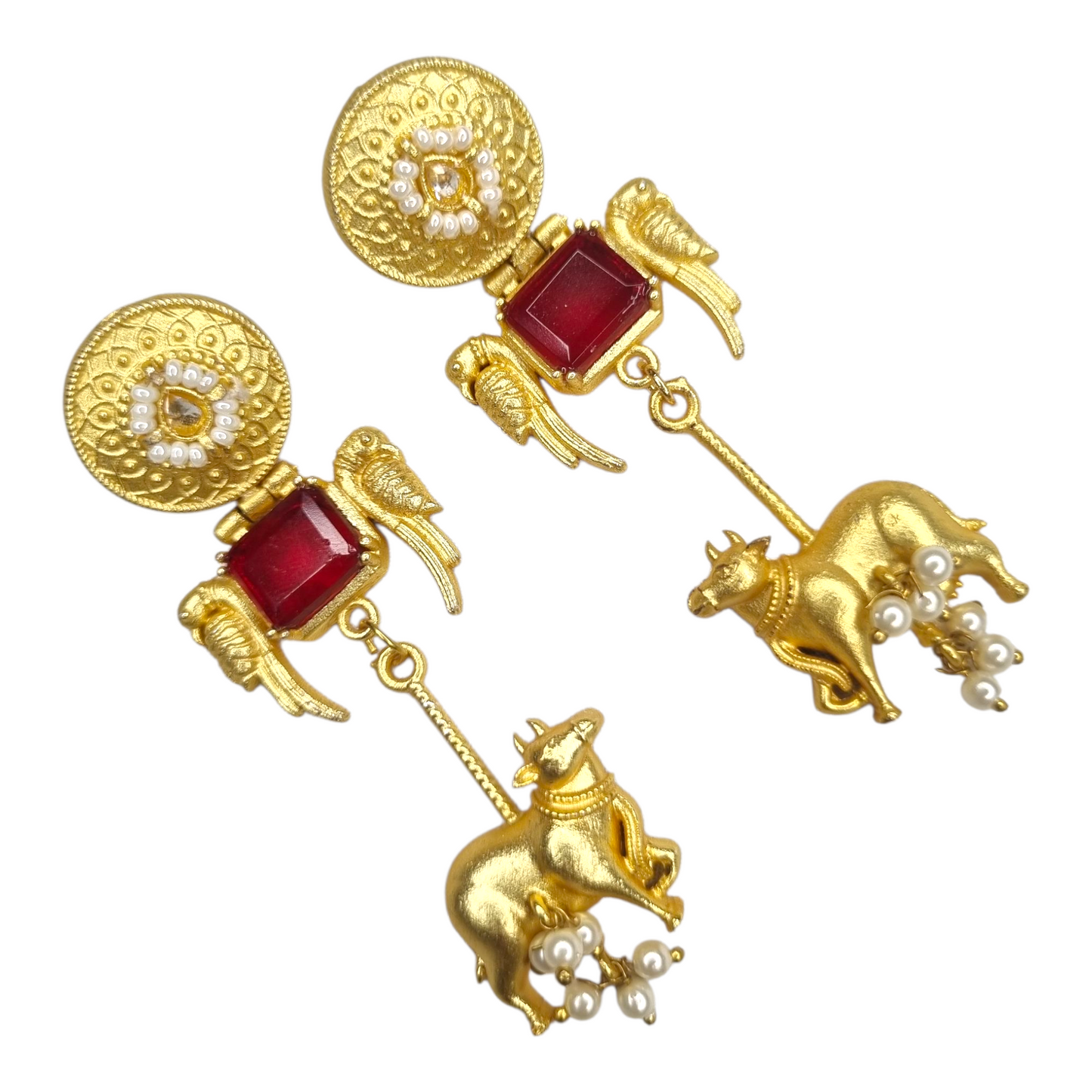 kashmiri earring inspired cow motif brass earrings for women – red stone and pearl beads